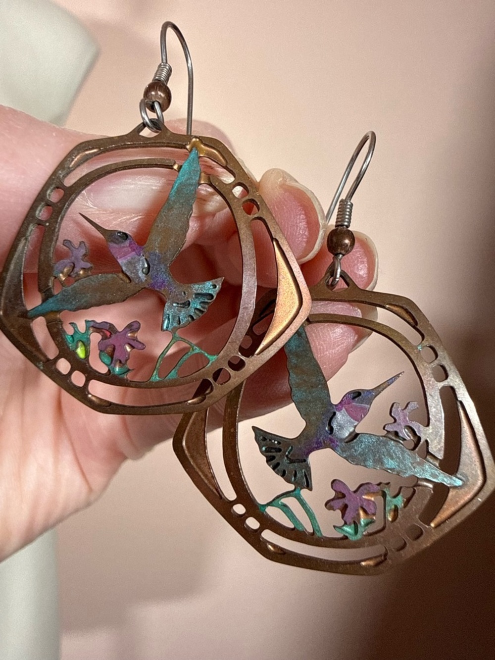 Artisan Handmade humming bird mixed metal vintage southwestern earrings - Picture 3 of 13
